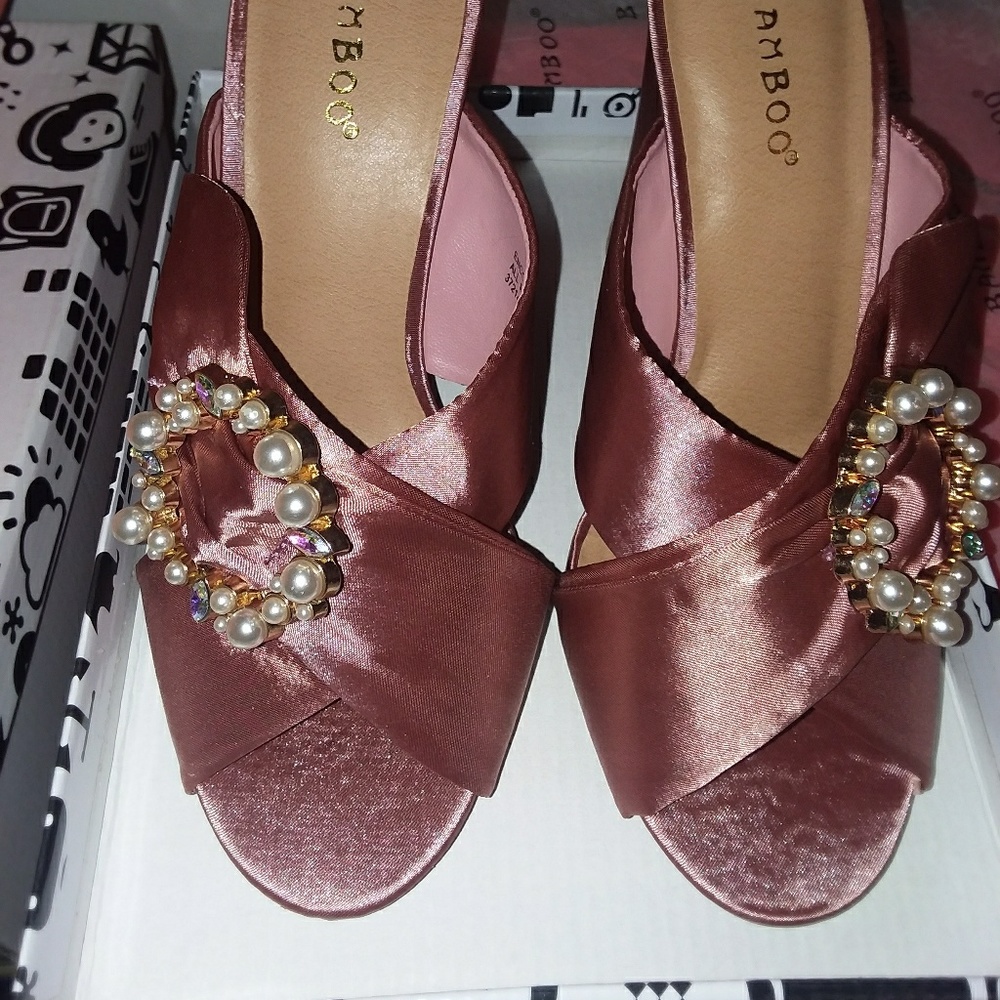 Pink Mauve Satin Silk Embellish Mule Heel Sandals